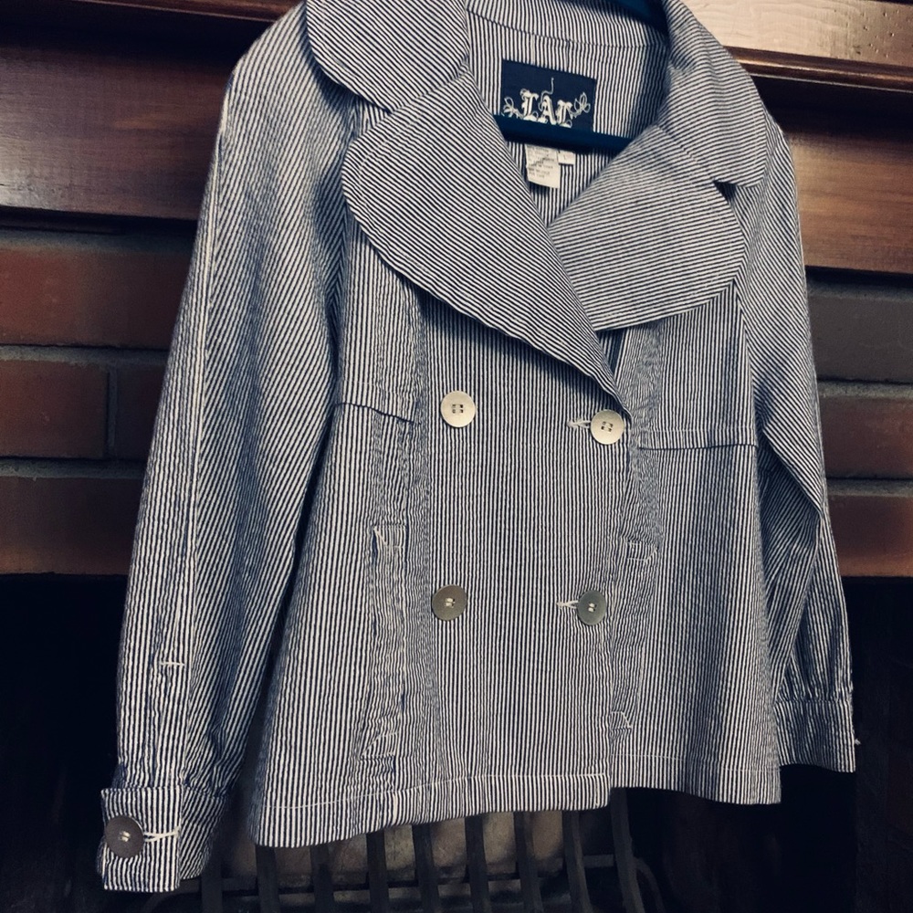Live a Little Blue Seersucker Jacket sz L - Picture 16 of 16